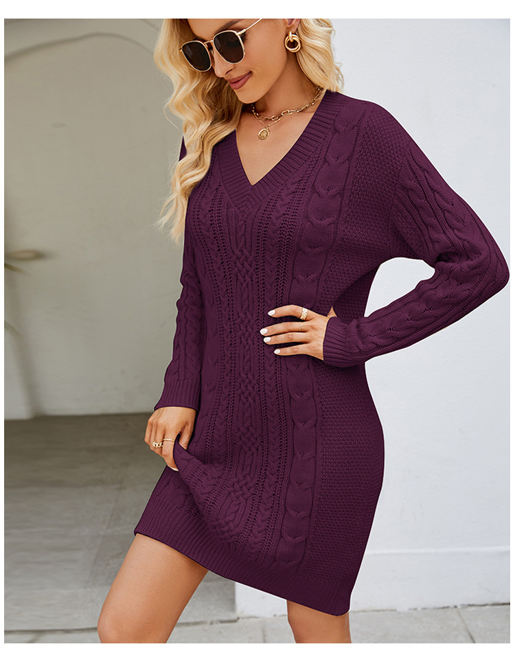Womens Cable Knit Sweater Dress V-Neck Long Sleeve Winter Dress